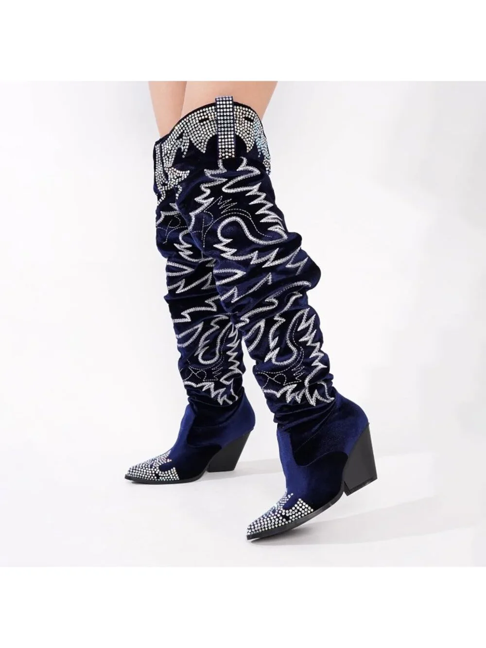🆕 Women's Blue Rhinestone Embroidered Cowboy Wide Calf Over The Knee Boots